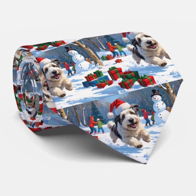 Old English Sheepdog Running in Snow Christmas Hat Tie (Rolled)