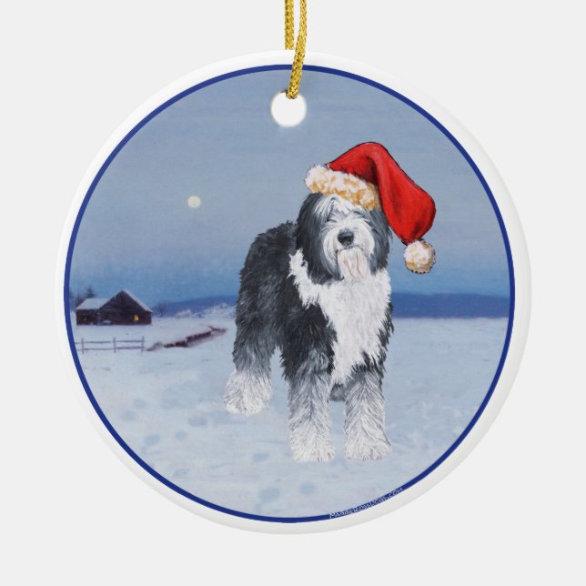 Old English Sheepdog Santa Hat Ceramic Tree Decoration (Front)