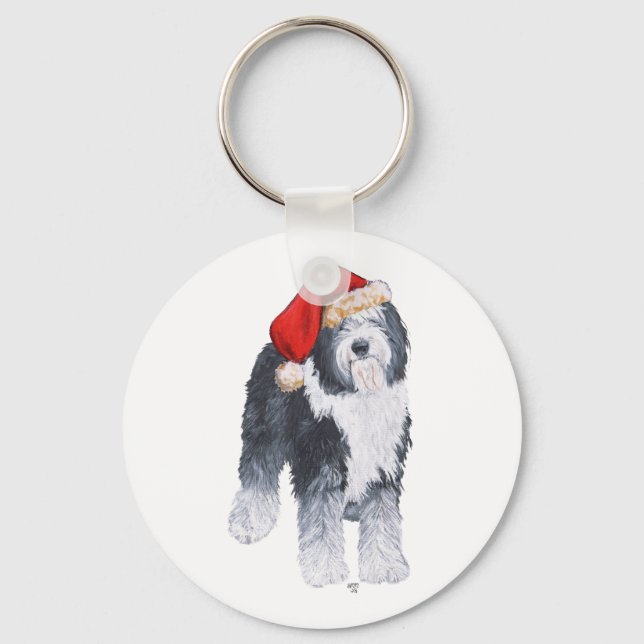 Old English Sheepdog Santa Hat Key Ring (Front)