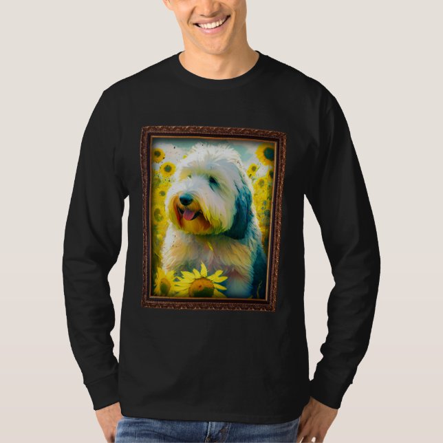 Old English Sheepdog Sheepie Painting Sunflower Fl T-Shirt (Front)