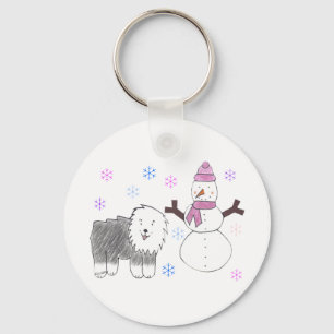 Old English Sheepdog & Snowman Key Ring