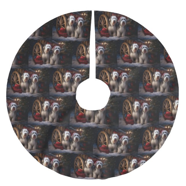 Old English Sheepdog Snowy Sleigh Christmas Decor  Brushed Polyester Tree Skirt (Front)