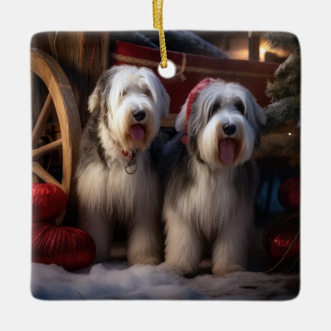 Old English Sheepdog Snowy Sleigh Christmas Decor  Ceramic Ornament (Front)