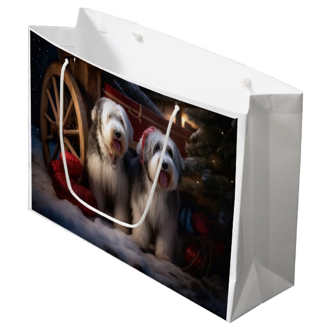 Old English Sheepdog Snowy Sleigh Christmas Decor  Large Gift Bag (Front Angled)
