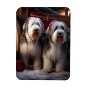 Old English Sheepdog Snowy Sleigh Christmas Decor Magnet