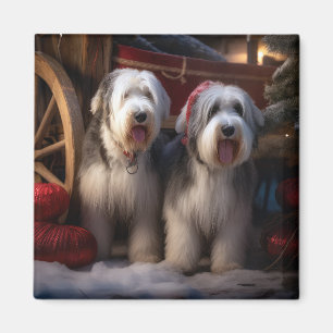 Old English Sheepdog Snowy Sleigh Christmas Decor Magnet