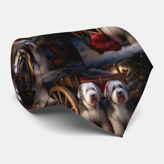 Old English Sheepdog Snowy Sleigh Christmas Decor  Tie (Rolled)