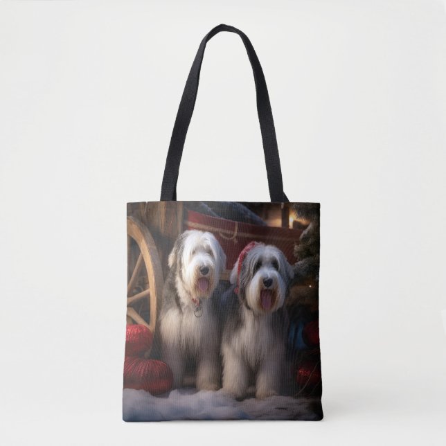 Old English Sheepdog Snowy Sleigh Christmas Decor  Tote Bag (Front)
