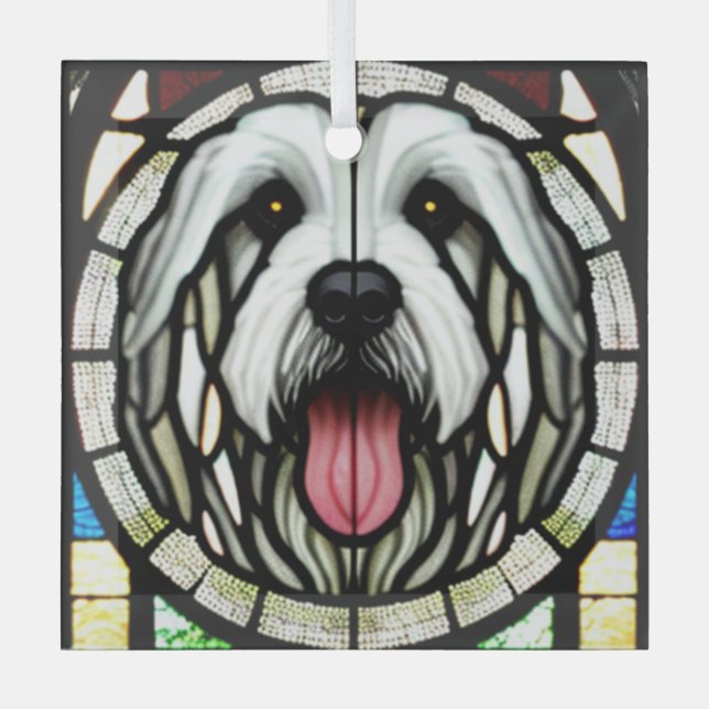 Old English Sheepdog "Stained Glass" Glass Tree Decoration (Front)
