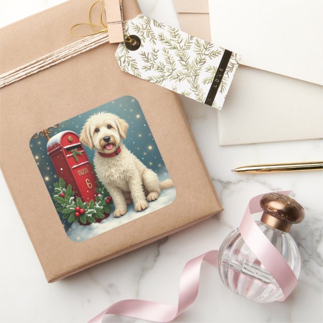 Old English Sheepdog Vintage Christmas Postcard Square Sticker (Gifting)