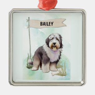 Old English Sheepdog Watercolor Personalised Dog Metal Tree Decoration