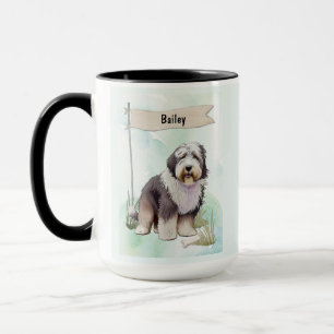 Old English Sheepdog Watercolor Personalised Dog Mug