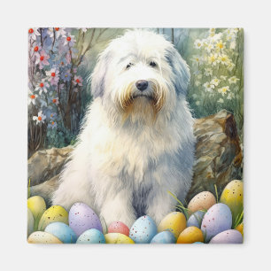 Old English Sheepdog with Easter Eggs Holiday Magnet