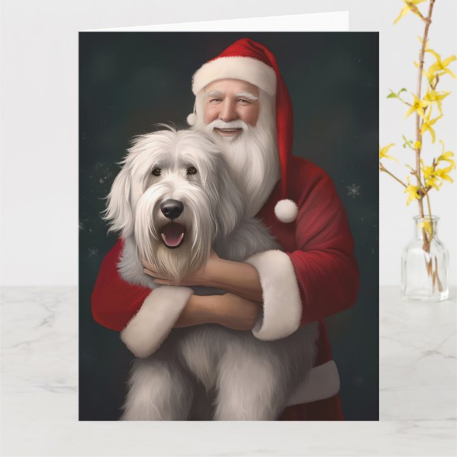 Old English Sheepdog With Santa Claus Festive Card (Yellow Flower)
