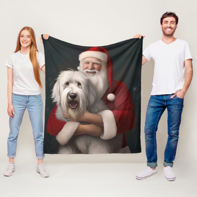 Old English Sheepdog With Santa Claus Festive Fleece Blanket (In Situ)