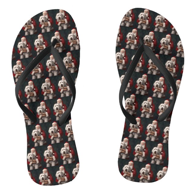 Old English Sheepdog With Santa Claus Festive Jandals (Footbed)