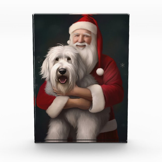 Old English Sheepdog With Santa Claus Festive Photo Block (Front)