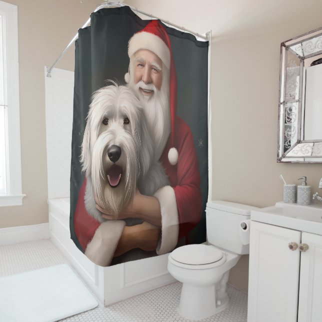 Old English Sheepdog With Santa Claus Festive Shower Curtain (In Situ)