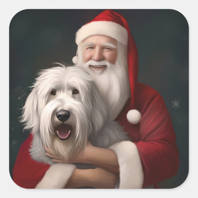 Old English Sheepdog With Santa Claus Festive Square Sticker (Front)
