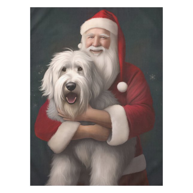Old English Sheepdog With Santa Claus Festive Tablecloth (Front)