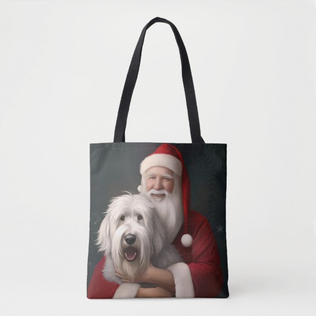 Old English Sheepdog With Santa Claus Festive Tote Bag (Front)