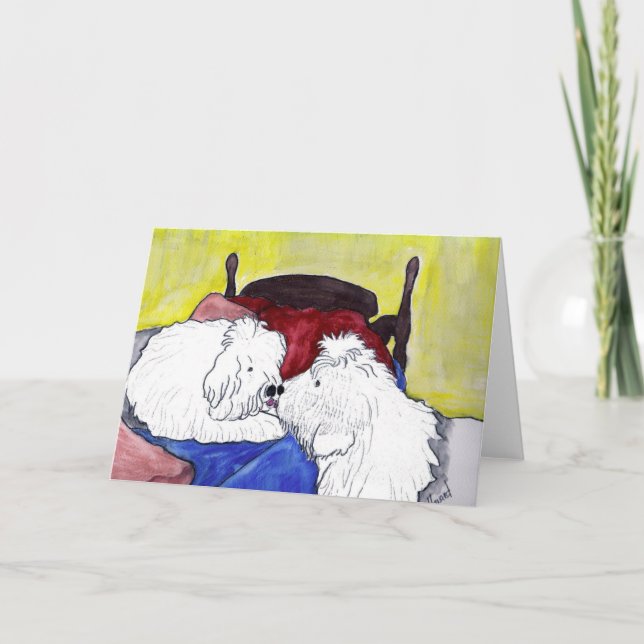 Old English Sheepdogs kissing good night Card (Front)