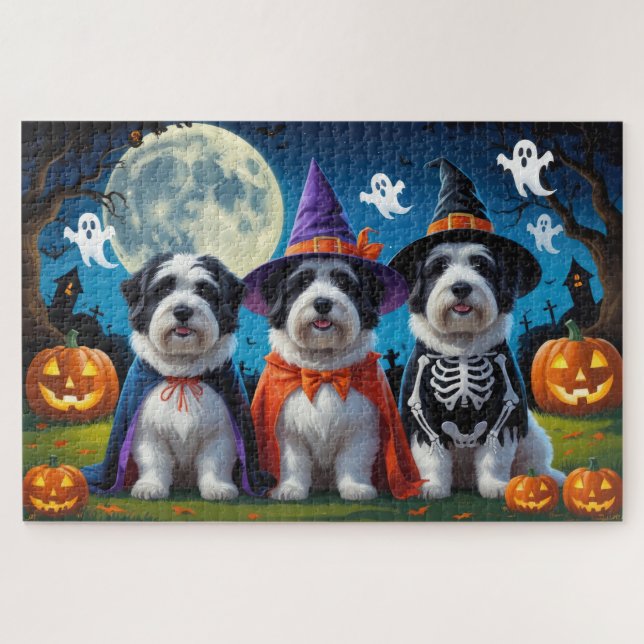 Old English Sheepdogs Pumpkin Halloween Funny Jigsaw Puzzle (Horizontal)
