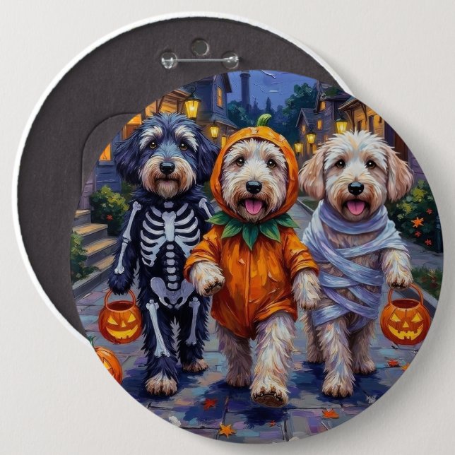 Old English Sheepdogs Trick-or-Treating Halloween  6 Cm Round Badge (Front & Back)