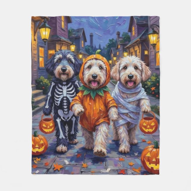 Old English Sheepdogs Trick-or-Treating Halloween  Fleece Blanket (Front)