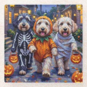 Old English Sheepdogs Trick-or-Treating Halloween Glass Coaster