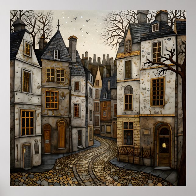 Old European Cobblestone Street Rustic Buildings  Poster (Front)