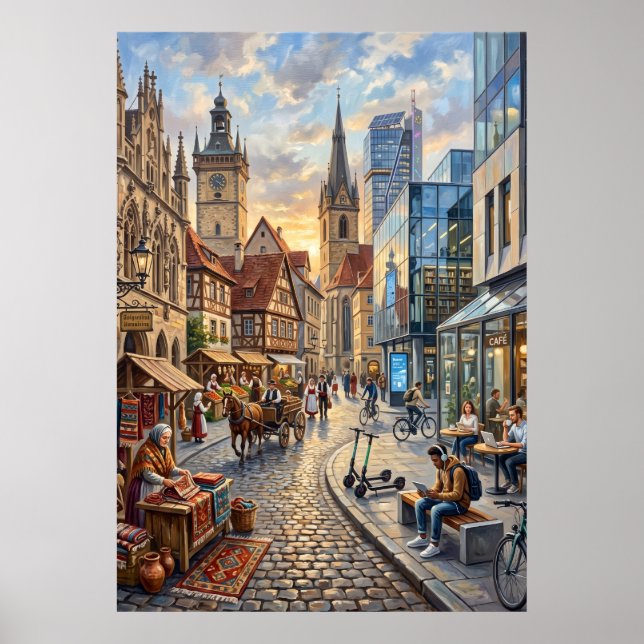 Old European Street Cityscape Poster (Front)
