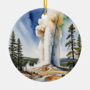 Old Faithful Yellowstone National Park Watercolor Ceramic Tree Decoration