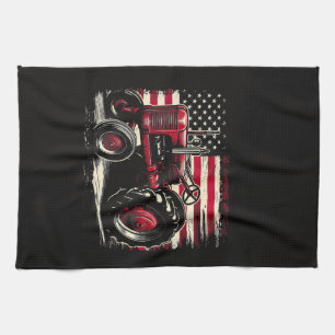 Old Farmall Cub Tractor American Flag Patriotic Fa Tea Towel