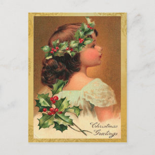 Old Fashion Holly Girl Christmas Holiday Postcard