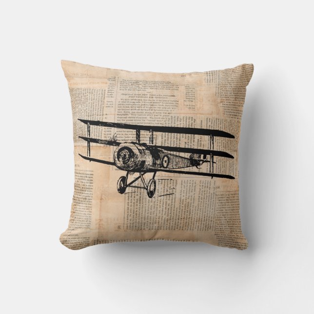 Old Fashioned Aeroplane Vintage Plane Newspaper Cushion (Front)