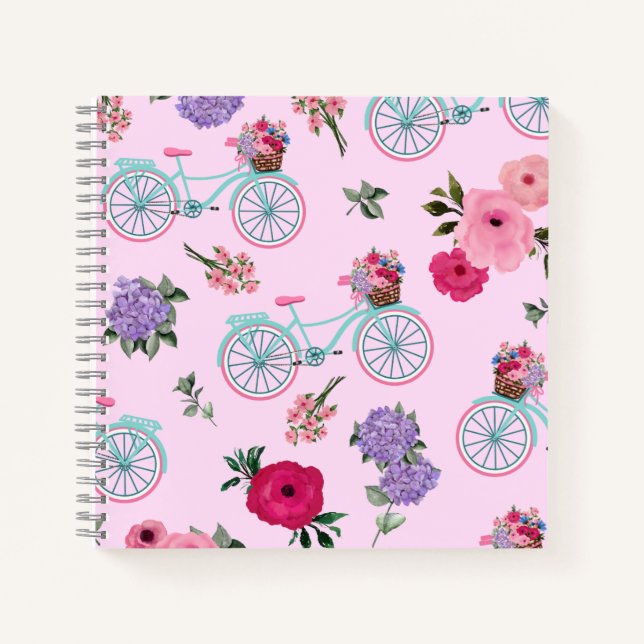 Old Fashioned Aqua and Pink Bike with Flowers Notebook (Front)