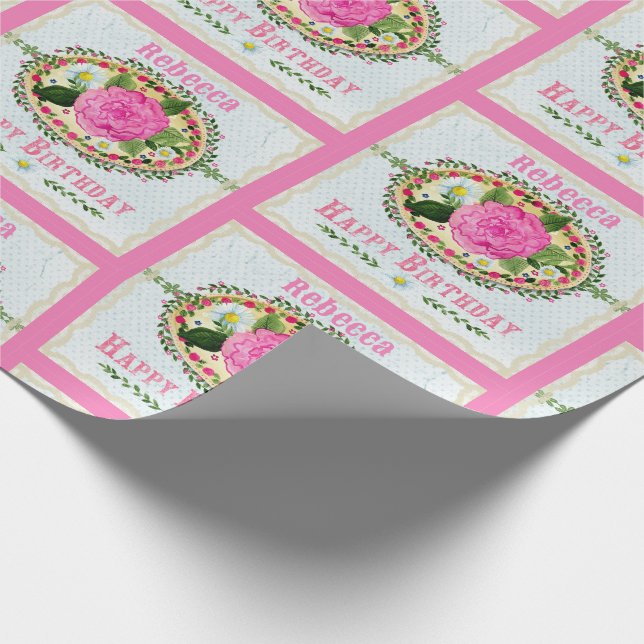 Old-fashioned Birthday Greeting Add Name Pink Wrapping Paper (Corner)