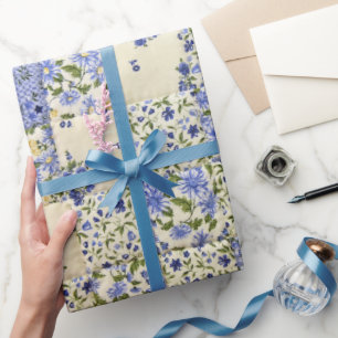 Old-fashioned Blue Floral Quilt Pattern  Wrapping Paper