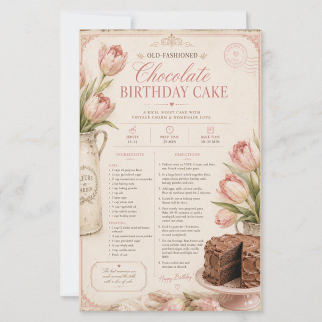 Old Fashioned Chocolate Birthday Cake, Pink Tulips (Front)