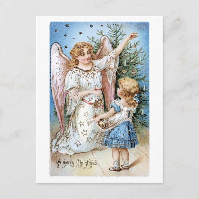 Old-fashioned Christmas, Angel with Girl Holiday Postcard (Front)
