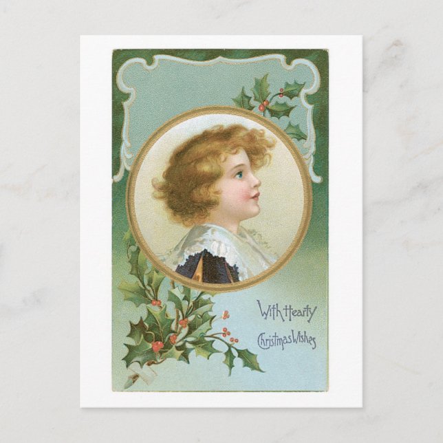 Old-fashioned Christmas, Boy, Holly Holiday Postcard (Front)