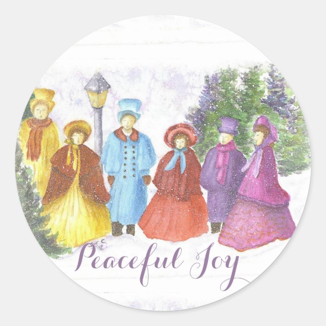 OLD FASHIONED CHRISTMAS CAROLERS PEACEFUL JOY CLASSIC ROUND STICKER (Front)