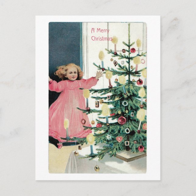 Old-fashioned Christmas, Girl, Christmas tree Holiday Postcard (Front)