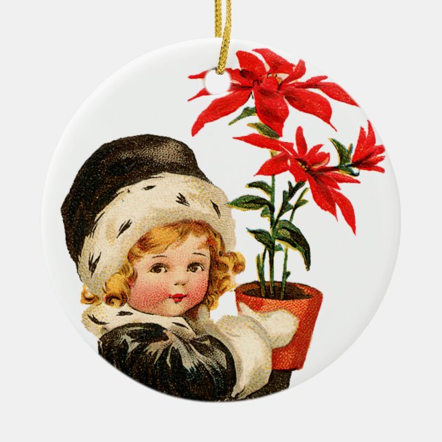 Old-fashioned Christmas, Girl holding Poinsettia Ceramic Tree Decoration (Front)