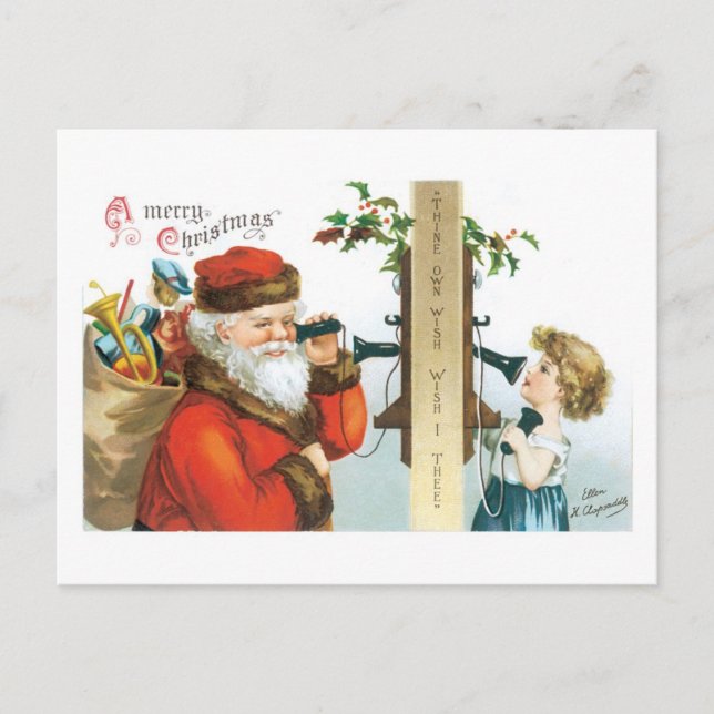 Old-fashioned Christmas, Girls call Santa Holiday Postcard (Front)