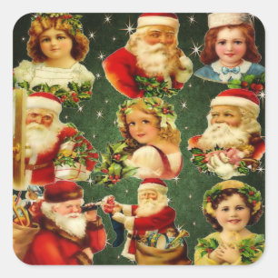 Old Fashioned Christmas Girls & Santa Square Sticker