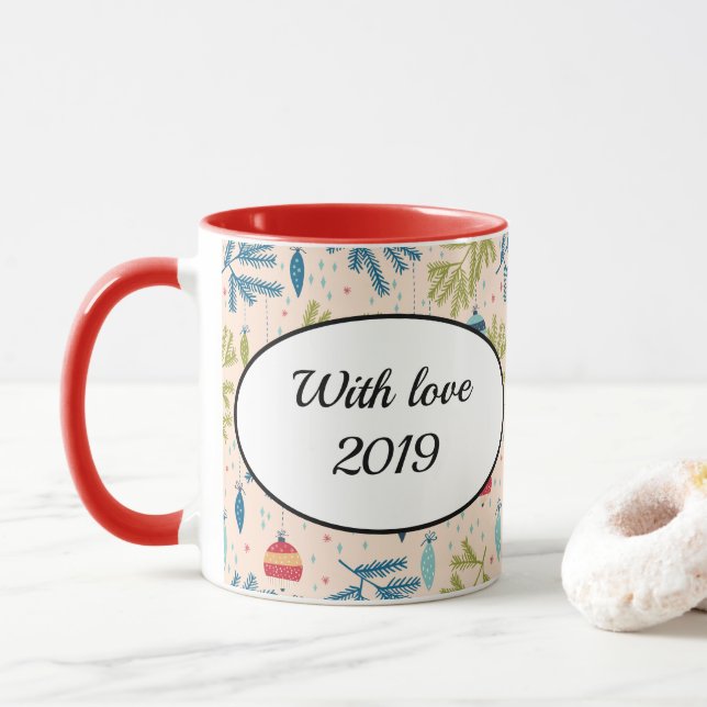 Old Fashioned Christmas Ornaments Hanging on Trees Mug (With Donut)