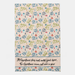 Old Fashioned Christmas Ornaments Hanging on Trees Tea Towel