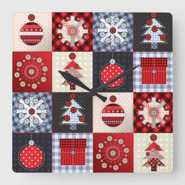 Old Fashioned Christmas Quilt Square Wall Clock (Front)